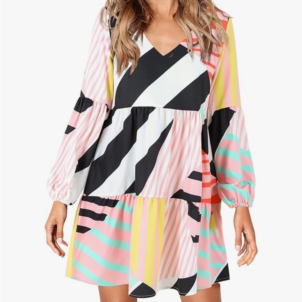 Amoretu Size Medium Tunic Dress V Neck Casual Loose Flowy Swing Shift Dress